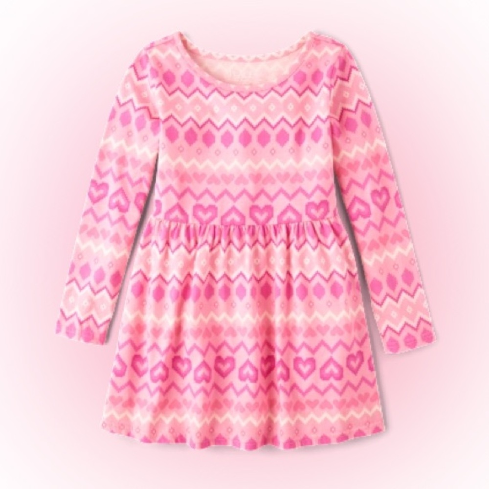 Pink Heart Patterned Long Sleeve Dress
